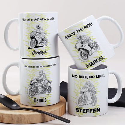 Motorrad Tasse mit Rennsport-Motiv und Namensaufdruck, weiß