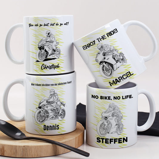Motorrad Tasse mit Rennsport-Motiv und Namensaufdruck, weiß