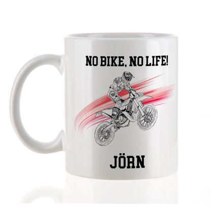 Personalisierte Biker-Tasse mit Motocross-Motiv, Name und Spruch No Bike No Life