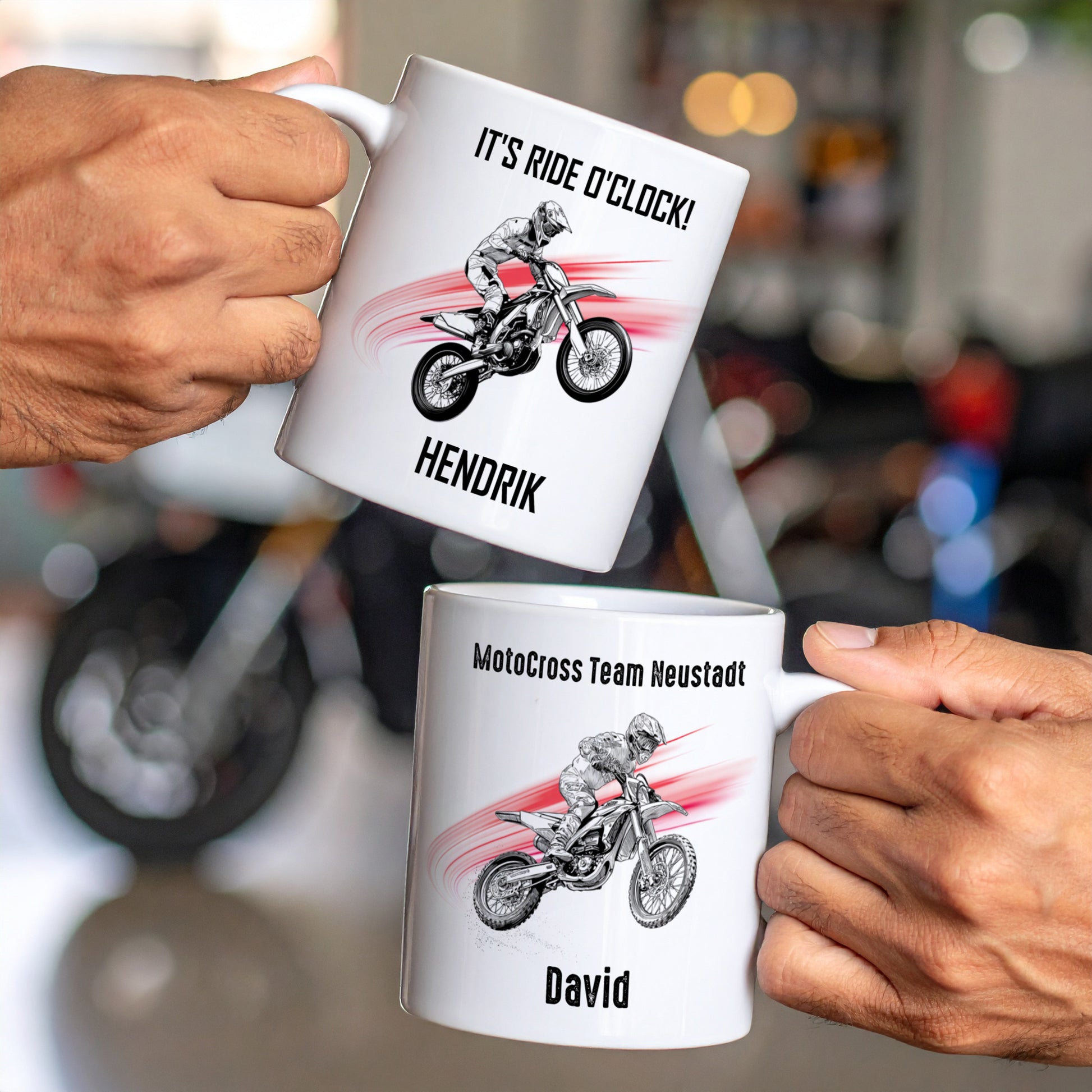 Keramiktasse mit Motocross-Motiv, Name Hendrik und Teamtext, personalisiert