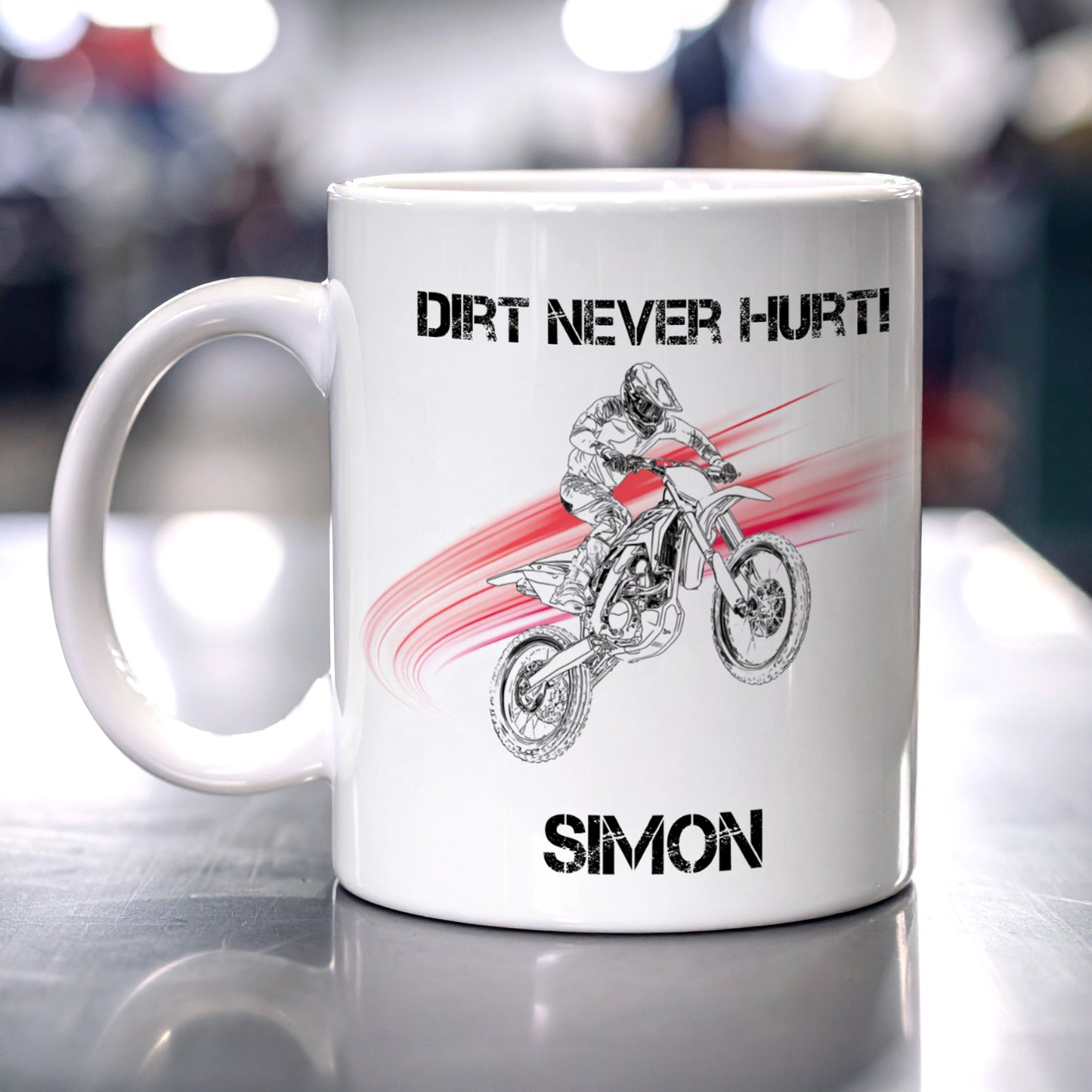 Motocross-Tasse mit Spruch Dirt Never Hurt und personalisiertem Namen Simon