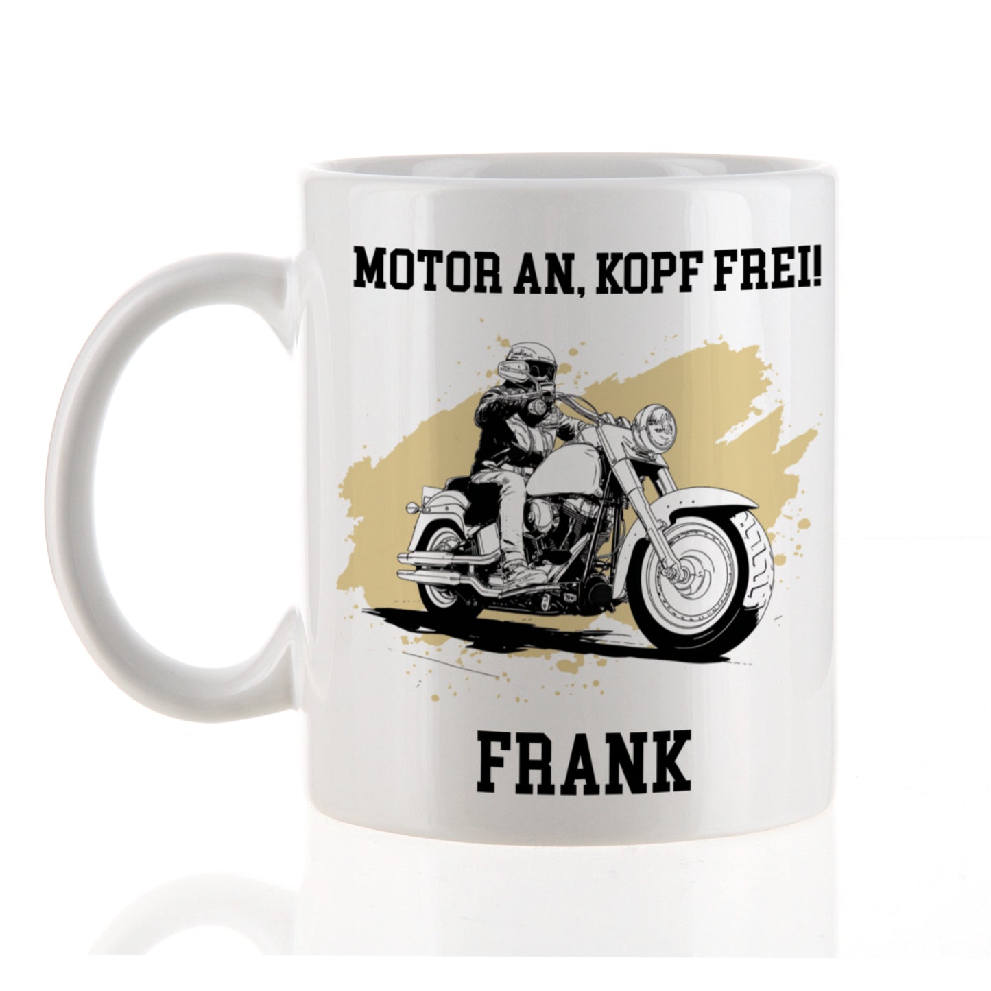 Keramiktasse mit Cruiser-Motiv, Wunschtext und Name Frank