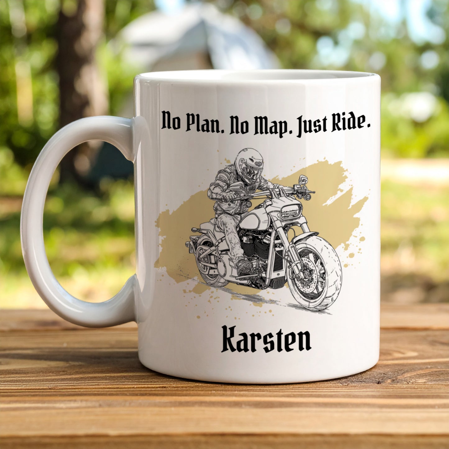 Motorrad Tasse mit Tourer-Design, personalisiert mit Name Karsten