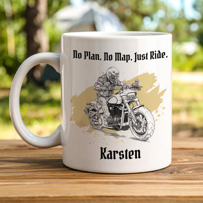 Motorrad Tasse mit Tourer-Design, personalisiert mit Name Karsten