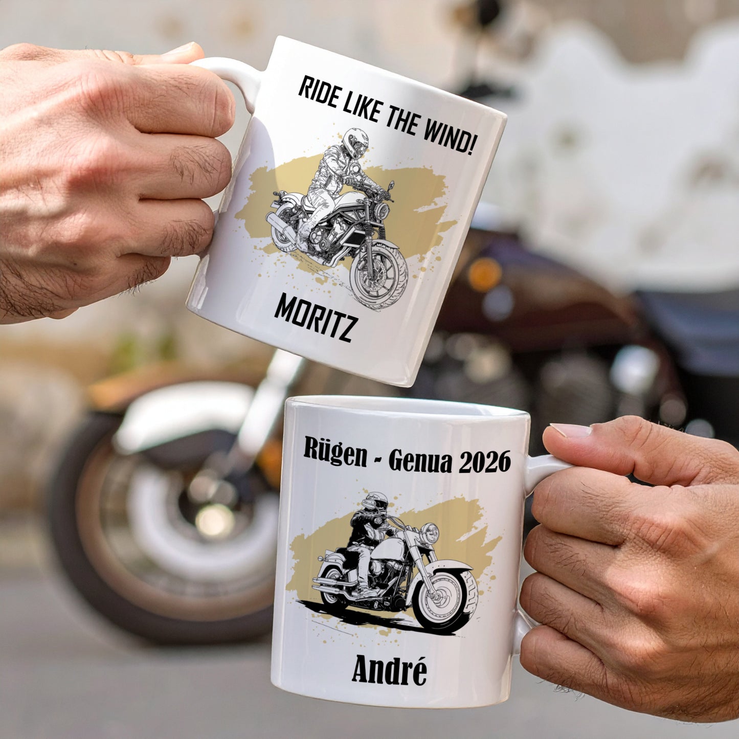 Personalisierte Biker-Tassen mit Tourer-Bike Motiven, Beispiel Moritz und André