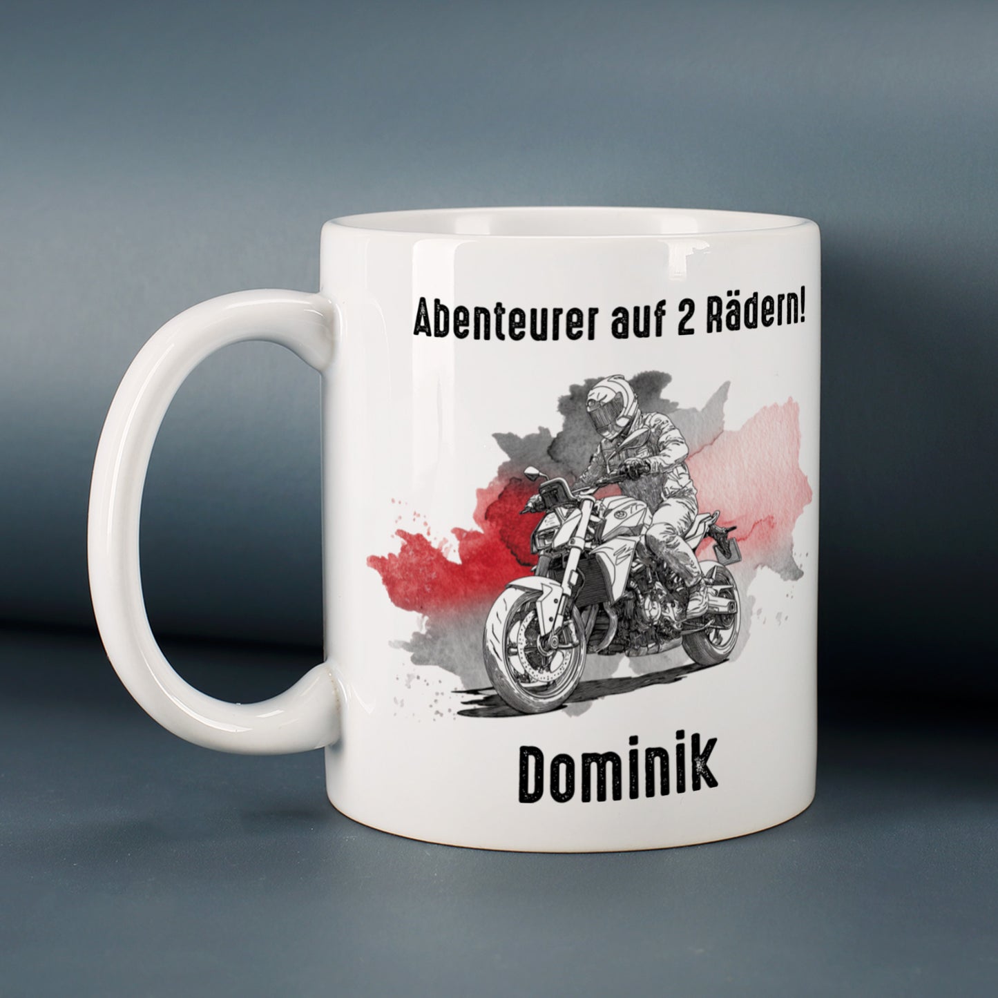 Biker-Tasse Naked Bike mit Spruch Abenteurer auf 2 Rädern und Name Dominik