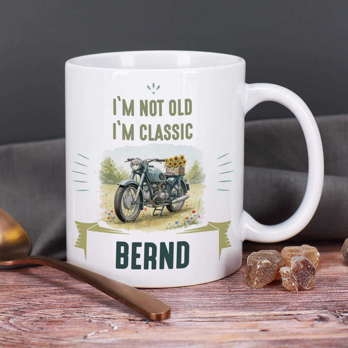 Tasse mit Oldtimer Motorrad Motiv, personalisiert mit Name und Text –