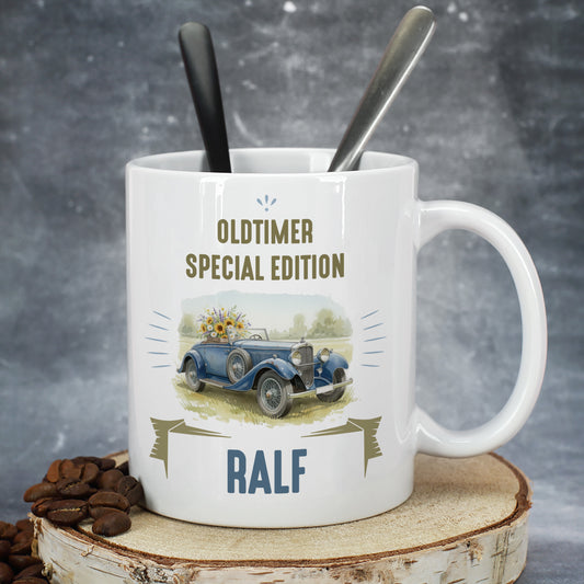 Oldtimer-Tasse mit Wunschtext und Name Jonas als Geschenk.