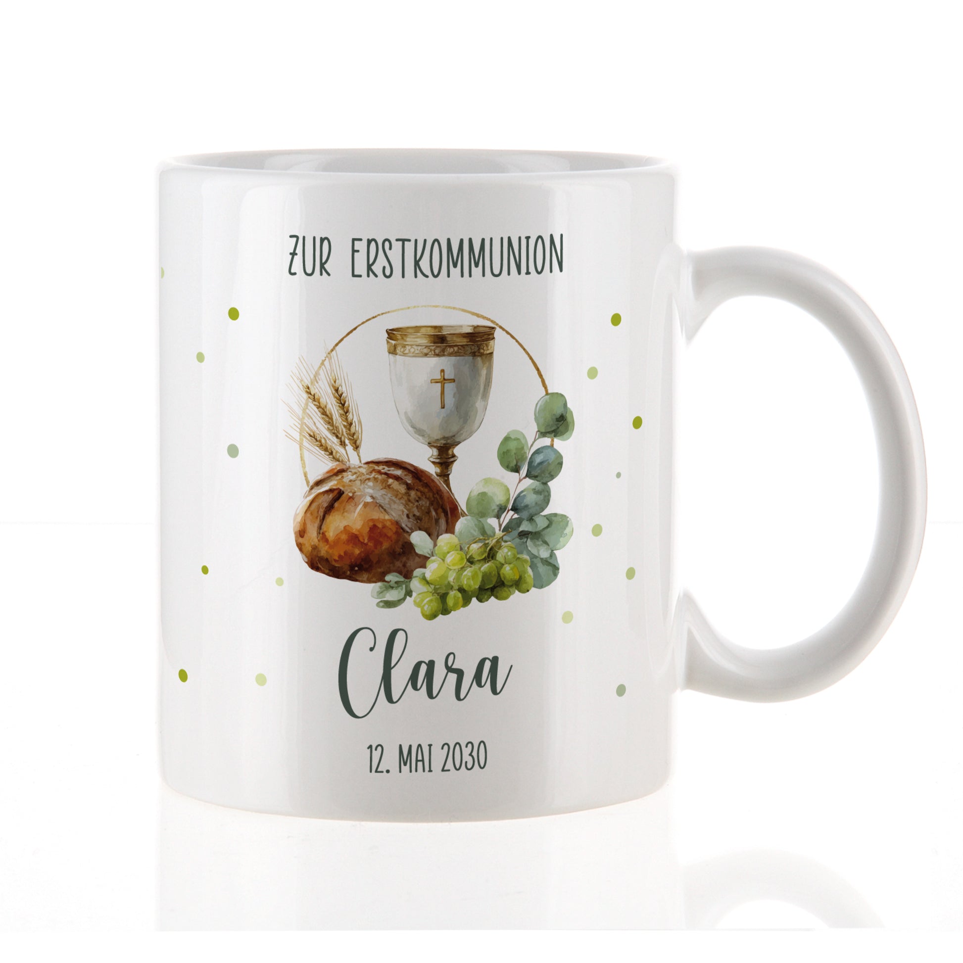 Keramiktasse mit religiösem Kelchmotiv als Geschenk zur Kommunion für Kinder