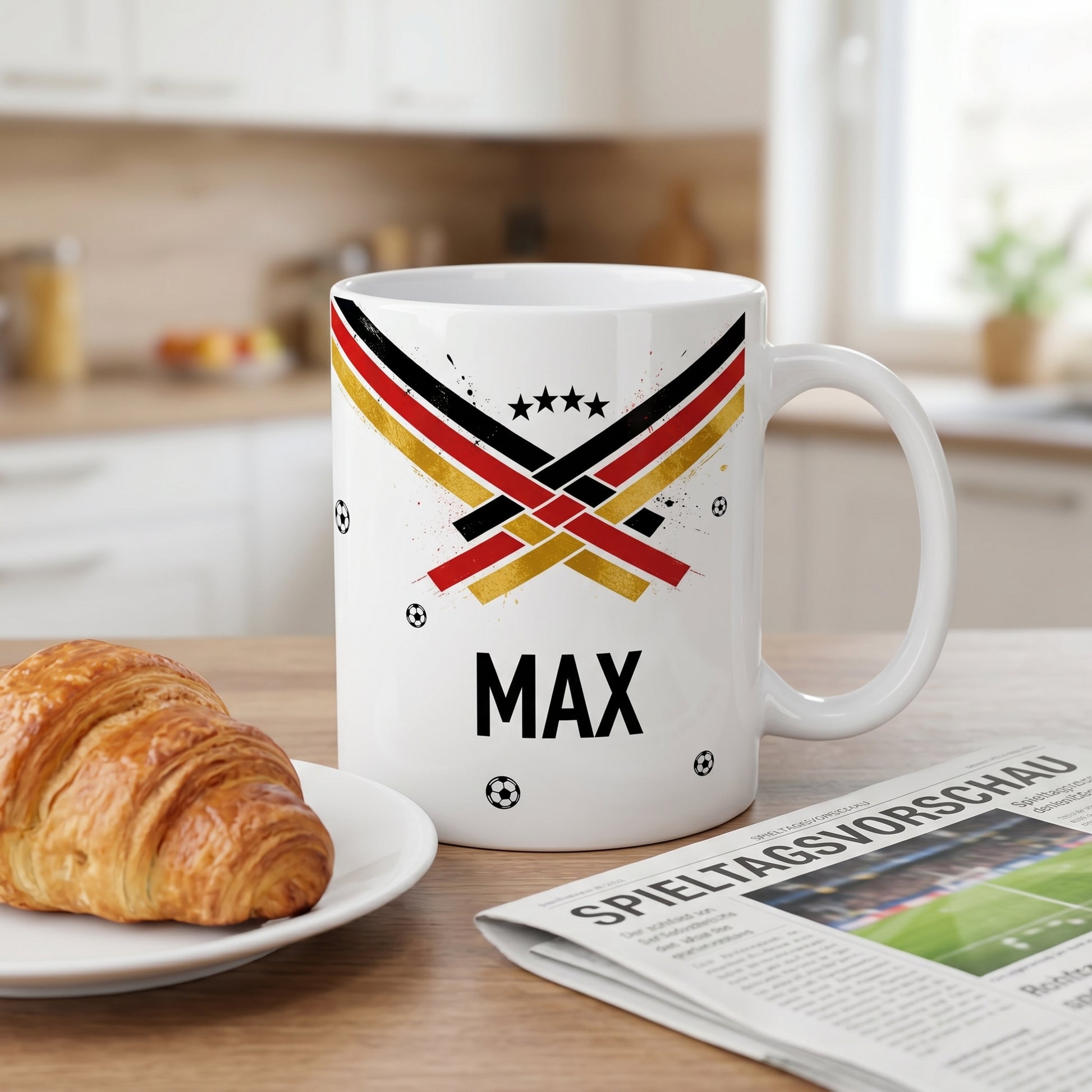 Fußball Tasse mit Name Max auf Küchentisch, Fan-Motiv in Schwarz Rot Gold, Croissant und Zeitung im Hintergrund