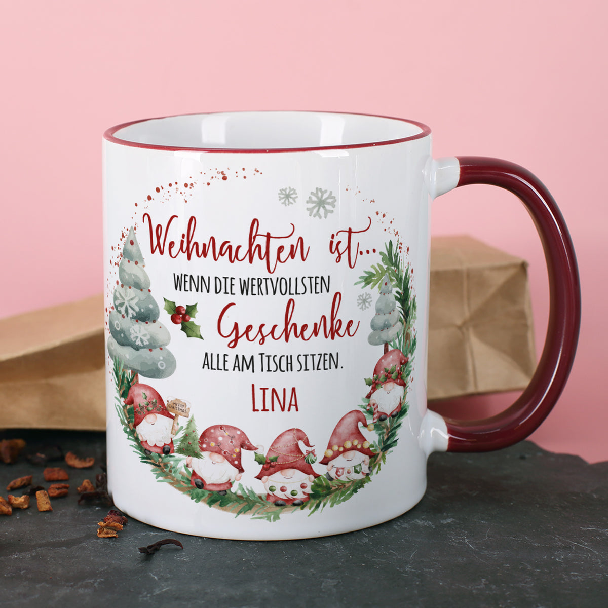 Personalisierte Weihnachtstasse mit Wichtelmotiv und Name –