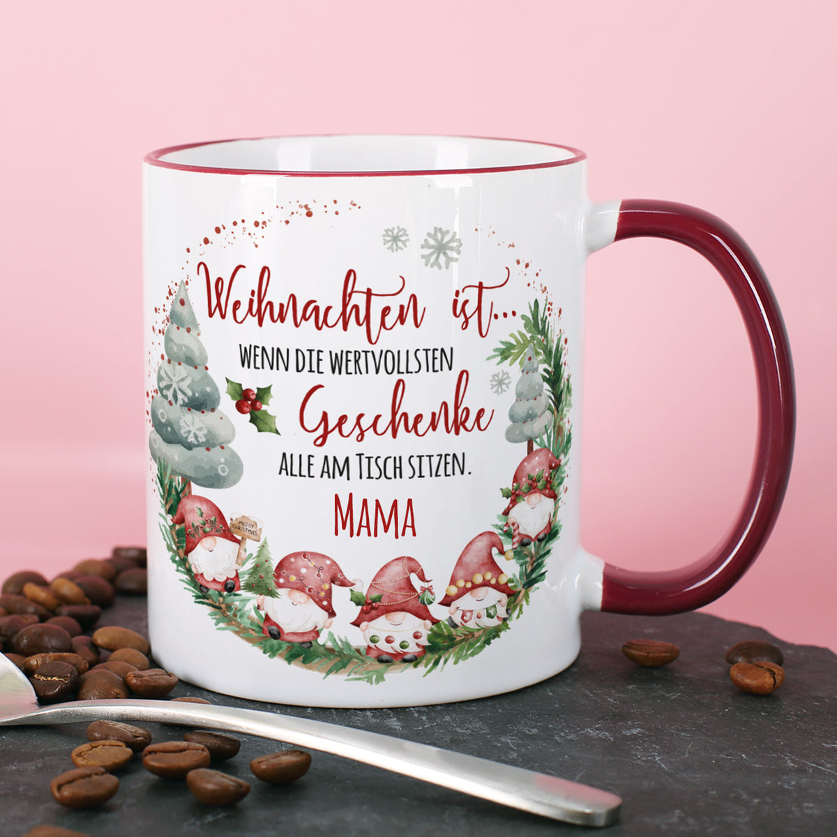 Personalisierte Weihnachtstasse mit Wichtelmotiv und Name –
