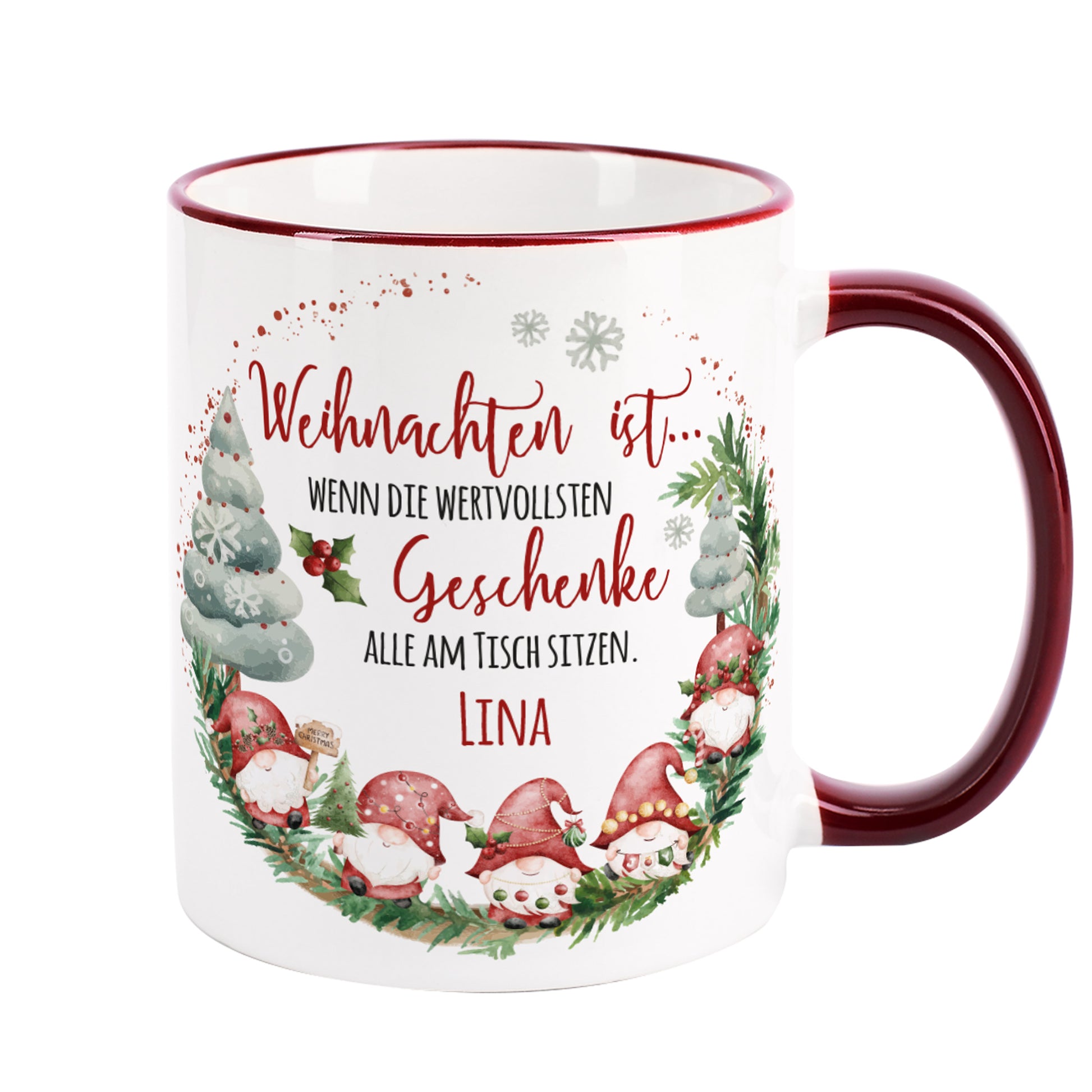 Produktfoto der Weihnachtstasse freigestellt, Vorderansicht mit Namen Lina