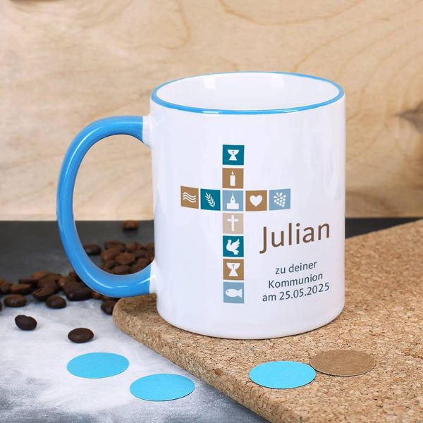 Blickfang Kommunion Tasse Personalisiert - 330 Ml, Keramik, Spülmaschinenfest, Mit Kirchensymbolen