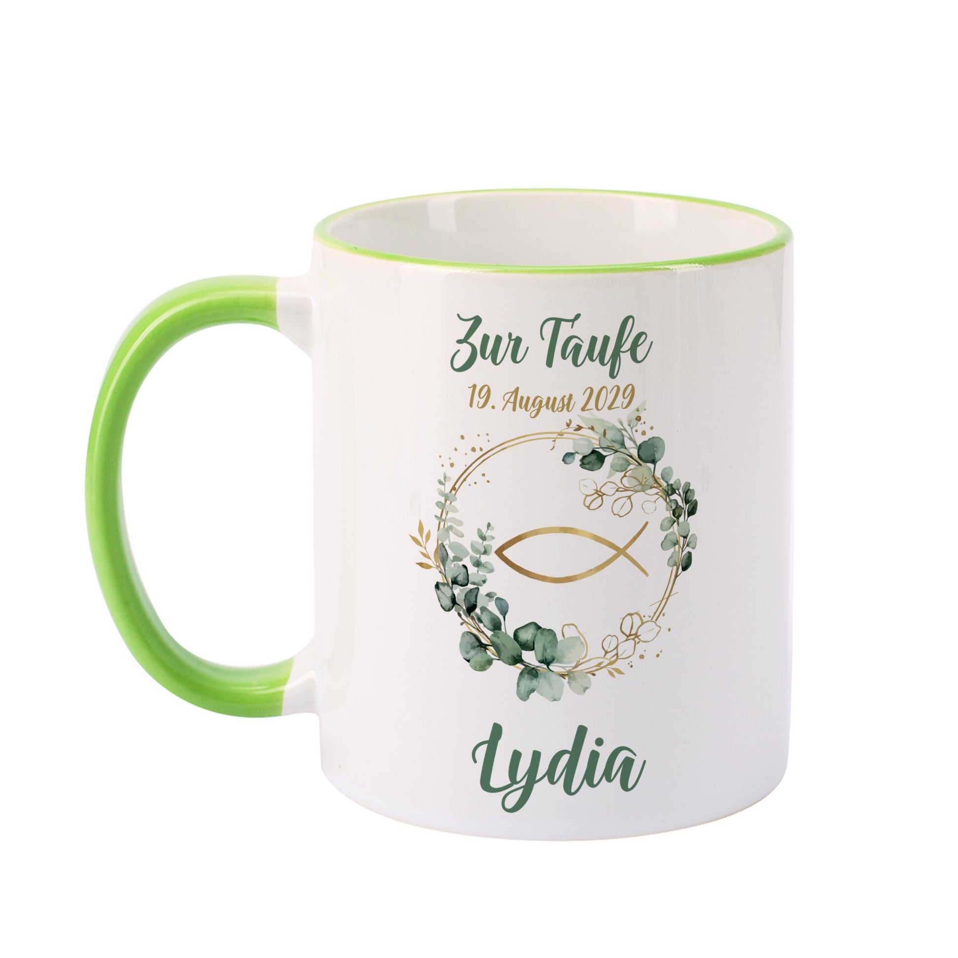 Personalisierte Tasse zur Taufe mit Ichthys-Fisch und Eukalyptus, grüner Rand und Henkel, bedruckt mit Anlass, Datum und Name „Lydia“