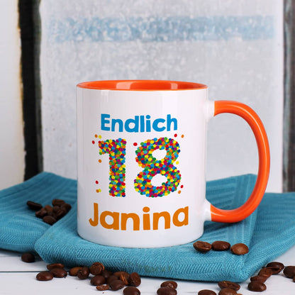 Tasse zum 18. Geburtstag - mit bunter Konfetti-Zahl