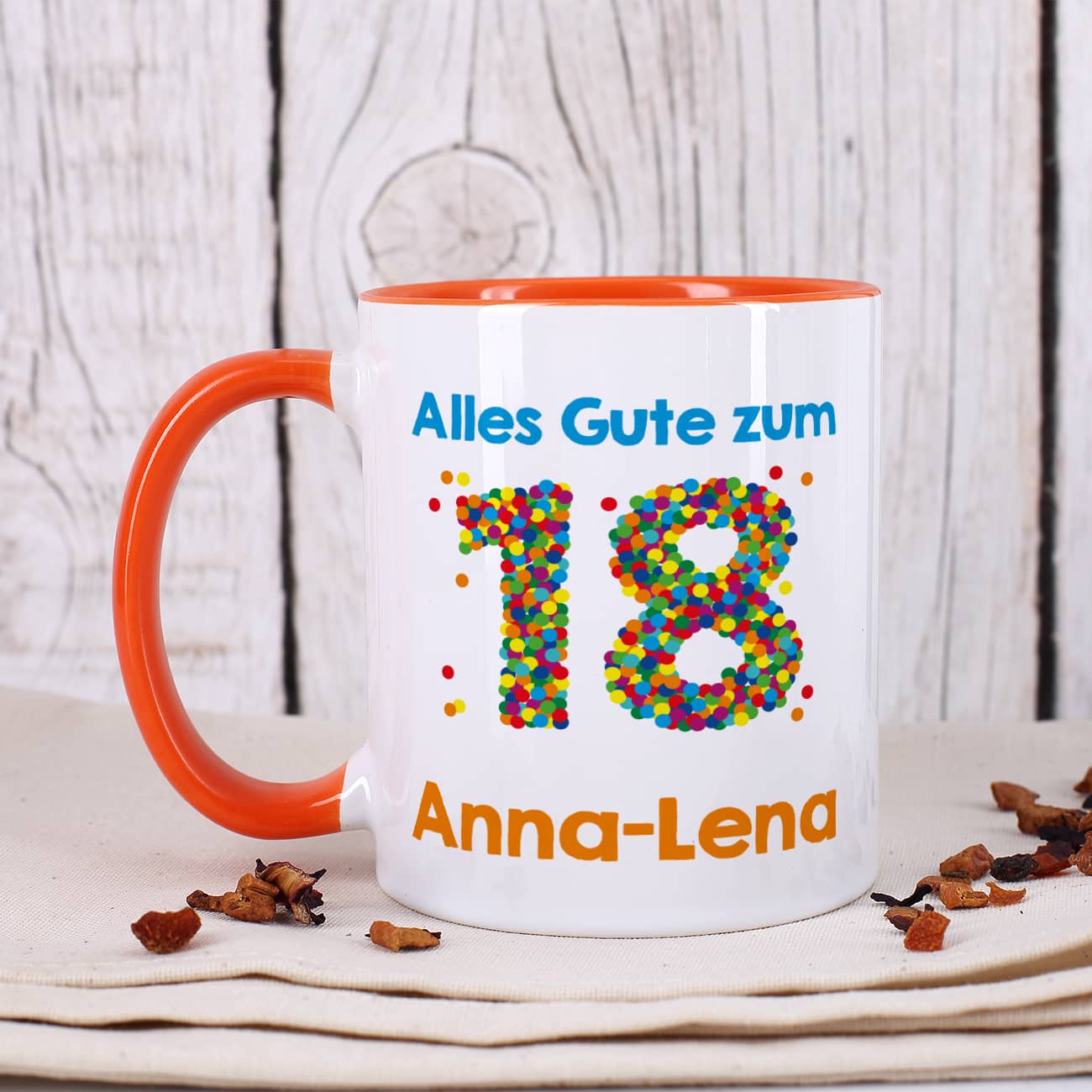 Tasse zum 18. Geburtstag - mit bunter Konfetti-Zahl