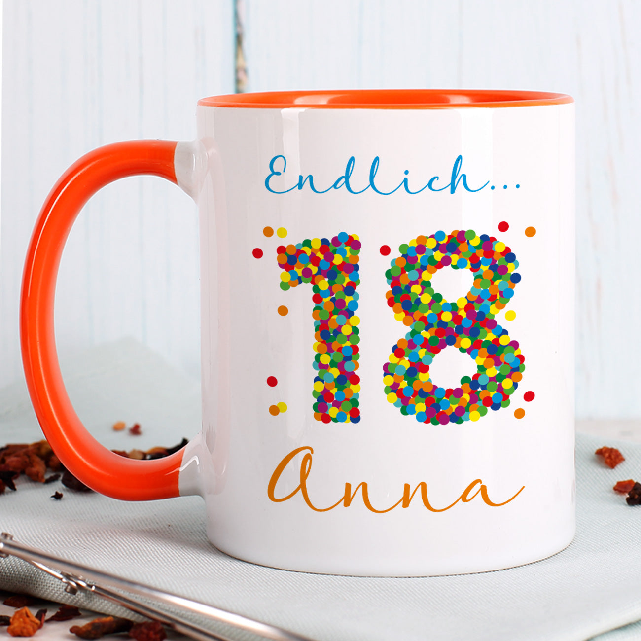 Tasse zum 18. Geburtstag - mit bunter Konfetti-Zahl