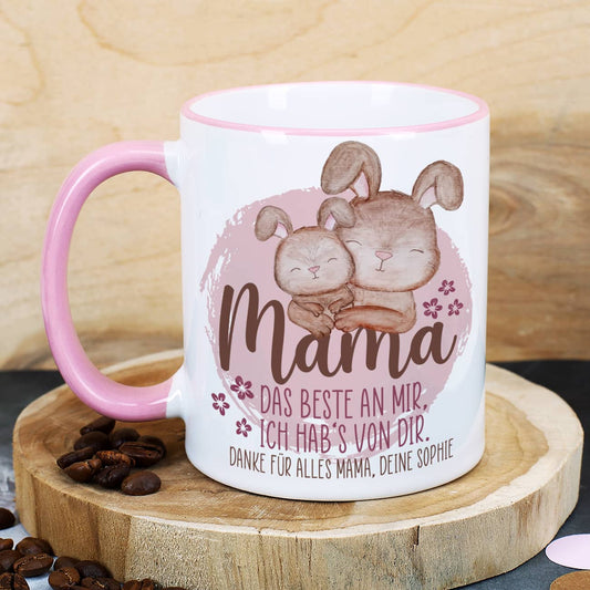 Tasse zum Muttertag mit rosa Henkel und Tassenrand