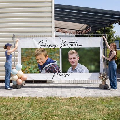 Großes Happy Birthday Bauzaunbanner mit zwei Fotos und personalisiertem Namen als Geburtstagsdeko im Außenbereich