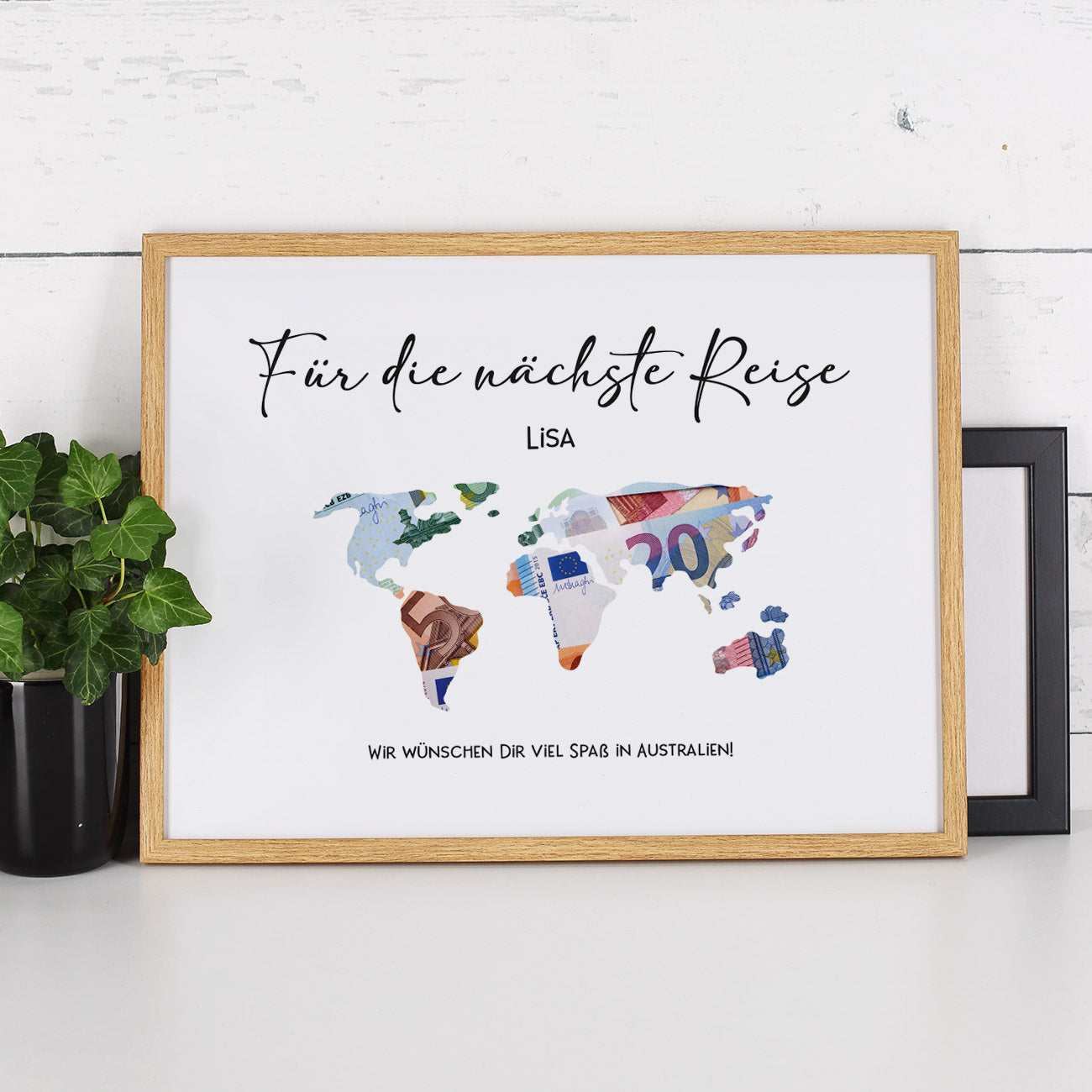 Geldgeschenk Weltkarte im Bilderrahmen zu Geburtstag, Hochzeit oder Weltreise