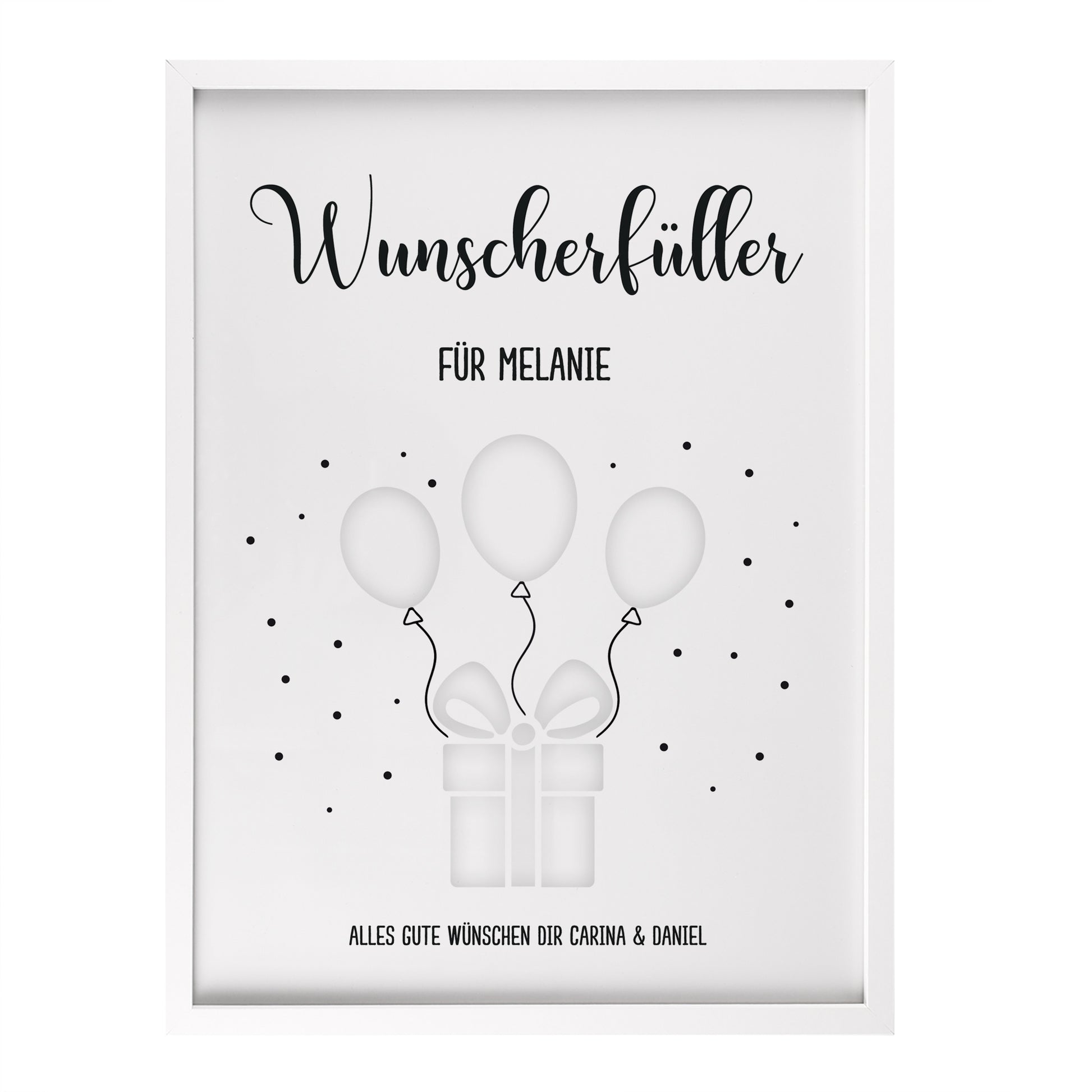 Bilderrahmen in weiß mit Aufschrift „Wunscherfüller für Melanie“, neutrale Vorlage ohne Geldscheine