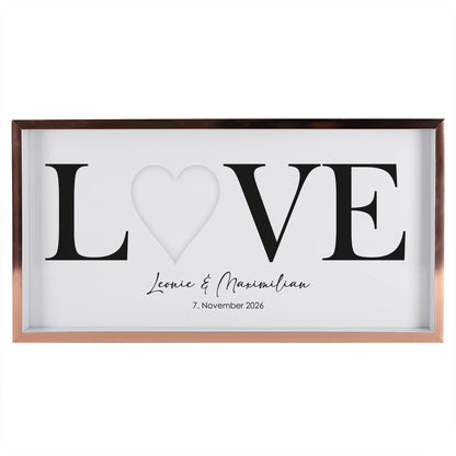Personalisierter Geldgeschenk Bilderrahmen zur Hochzeit mit LOVE Motiv, Namen Leonie und Maximilian, Datum und leerer Herzöffnung