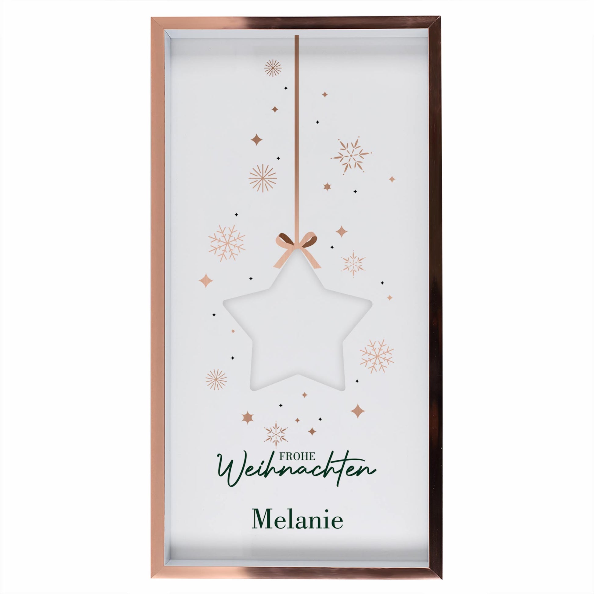 Personalisierter Geldgeschenk Bilderrahmen zu Weihnachten mit Stern-Aussparung, Frohe Weihnachten Schriftzug und Name Melanie