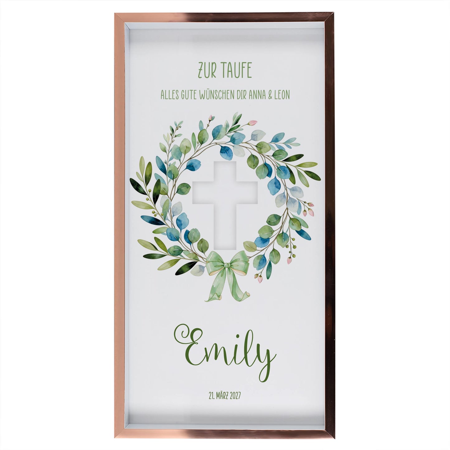 Personalisierter Bilderrahmen zur Taufe mit Name Emily, Datum, Blätterkranz und leerer Kreuzöffnung für Geldscheine oder Foto