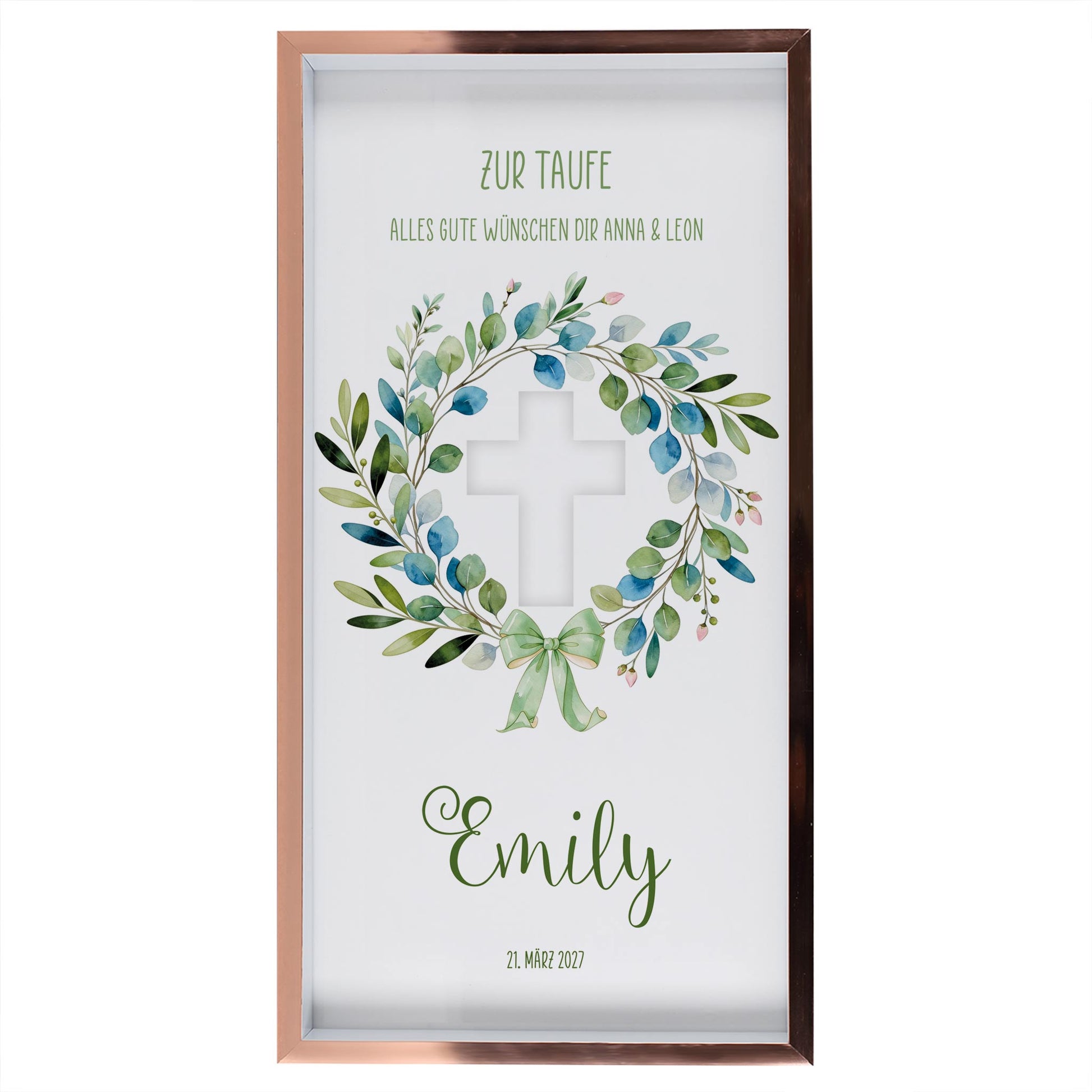 Personalisierter Bilderrahmen zur Taufe mit Name Emily, Datum, Blätterkranz und leerer Kreuzöffnung für Geldscheine oder Foto