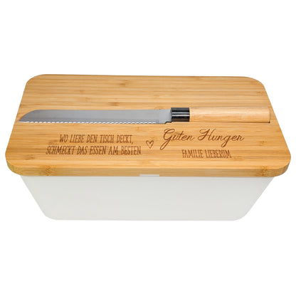 Brotkasten mit Gravur und Wunschtext, Bambusdeckel als Schneidebrett genutzt
