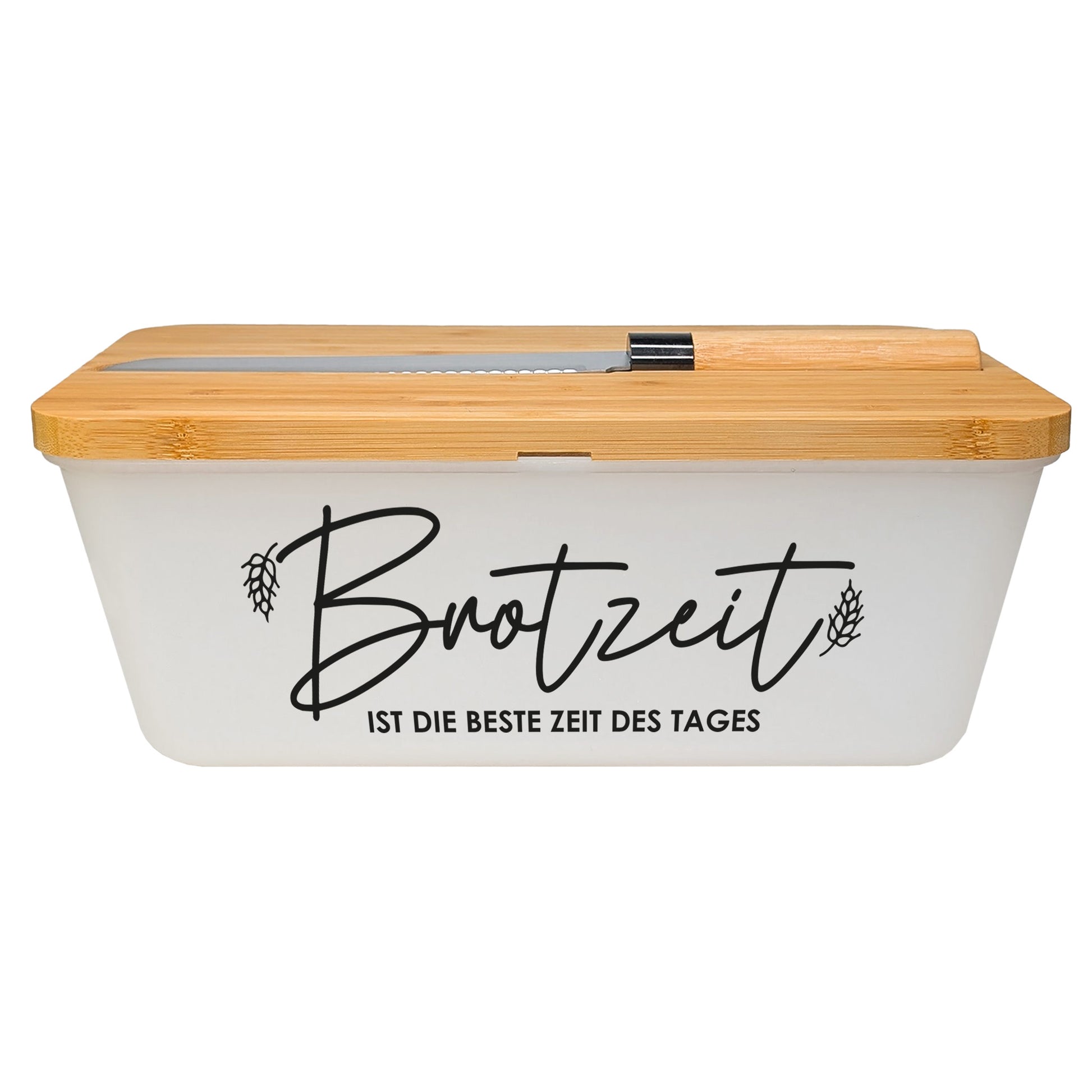 Personalisierter Brotkasten mit Brotzeit-Motiv und Wunschtext – mit Bambusdeckel und Messer auf weißem Hintergrund