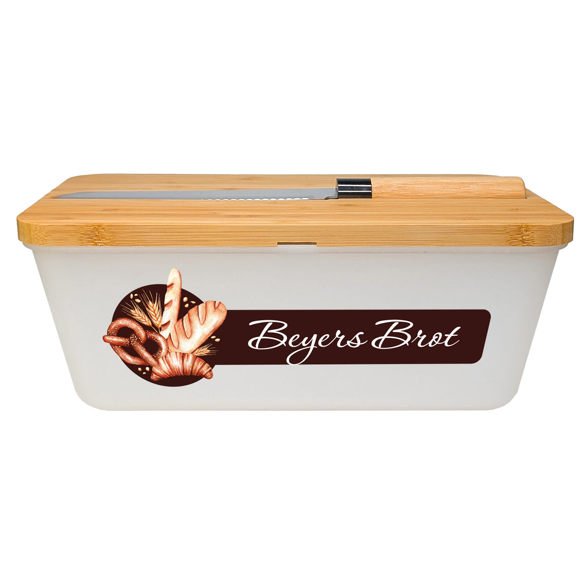 Personalisierter Brotkasten mit Messer, Schneidebrett & Wunschtext –
