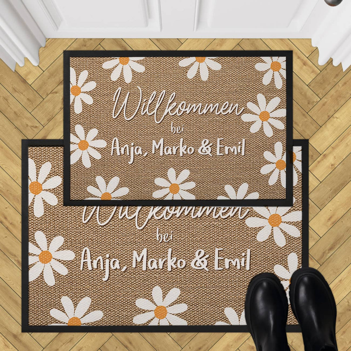 Personalisierte Fußmatte 'Willkommen Bei...' Mit Blumen-Muster – 40x60 Cm, Rutschfest, Waschbar