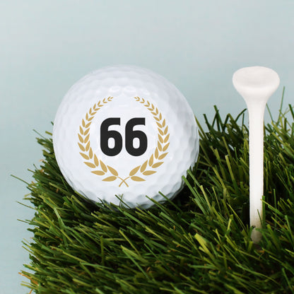 Golfball mit Zahl 66 im goldenen Lorbeerkranz auf Rasen neben Golftee