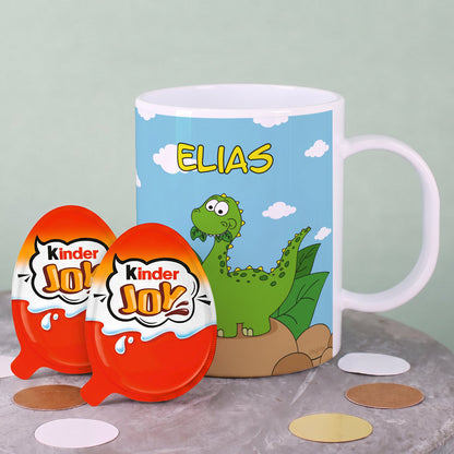 Kindertasse aus Kunststoff mit kleinem Dino und Ihrem Namen