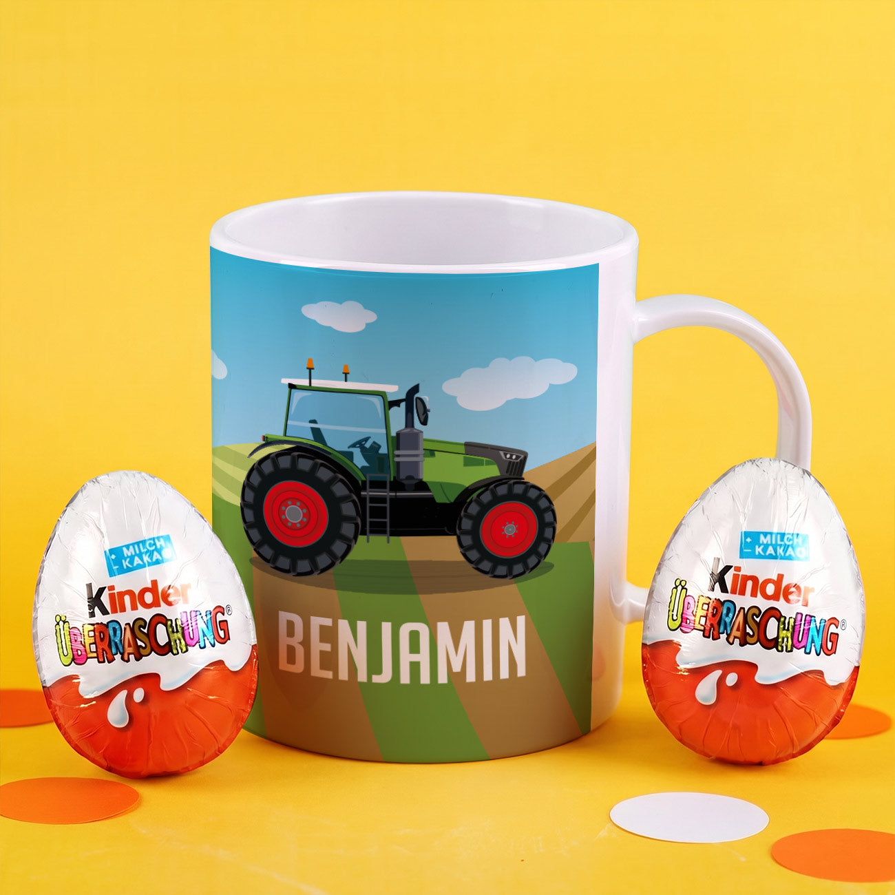 Bruchfeste Kindertasse mit grünem Traktor und Name