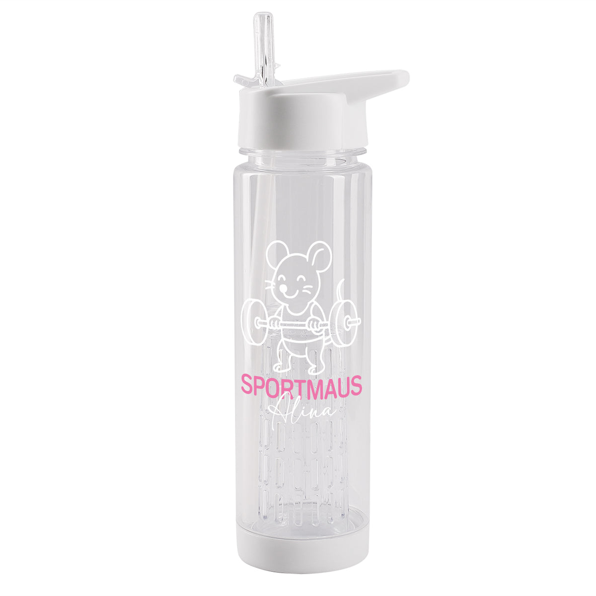 Personalisierte Trinkflasche Sportmaus mit Name Alina, 740 ml, transparentem Fruchteinsatz und weißem Trinkverschluss