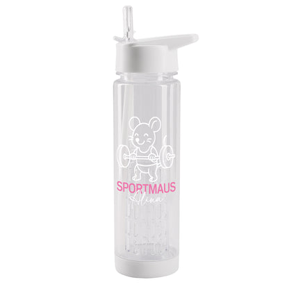 Personalisierte Trinkflasche Sportmaus mit Name Alina, 740 ml, transparentem Fruchteinsatz und weißem Trinkverschluss