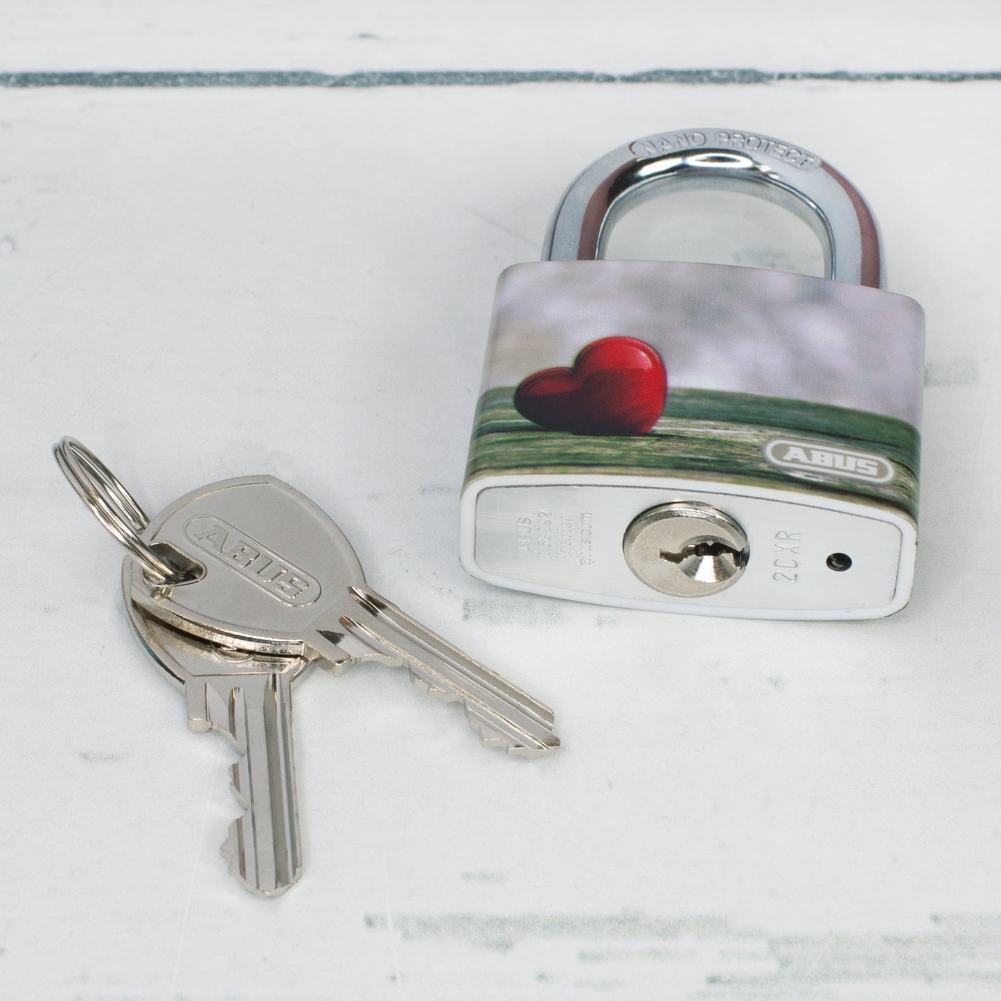 ABUS Liebesschloss zum Valentinstag mit Namen & Datum von unten fotografiert