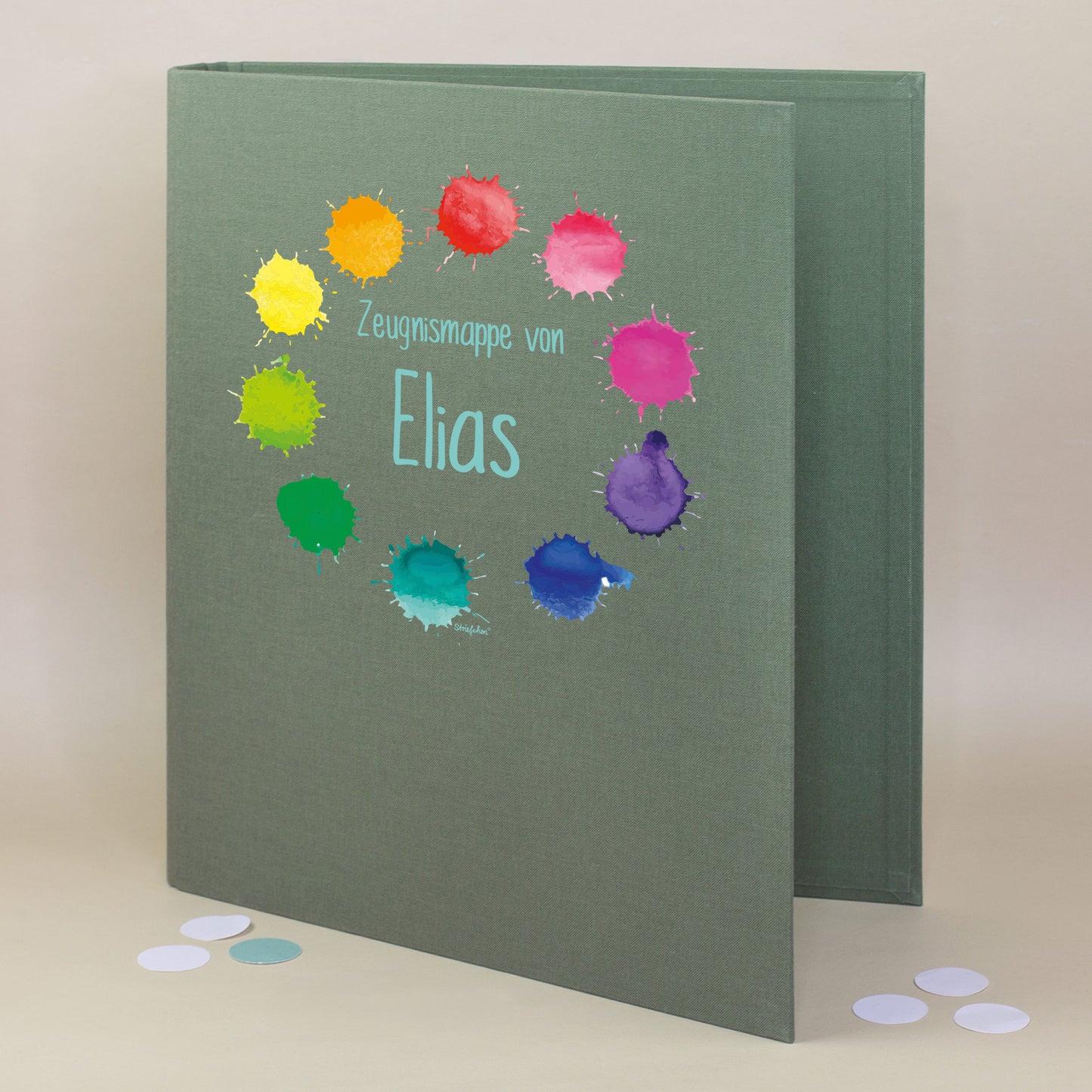 Zeugnismappe aus Leinen in Grün mit buntem Farbklekse-Motiv und Name Elias bedruckt