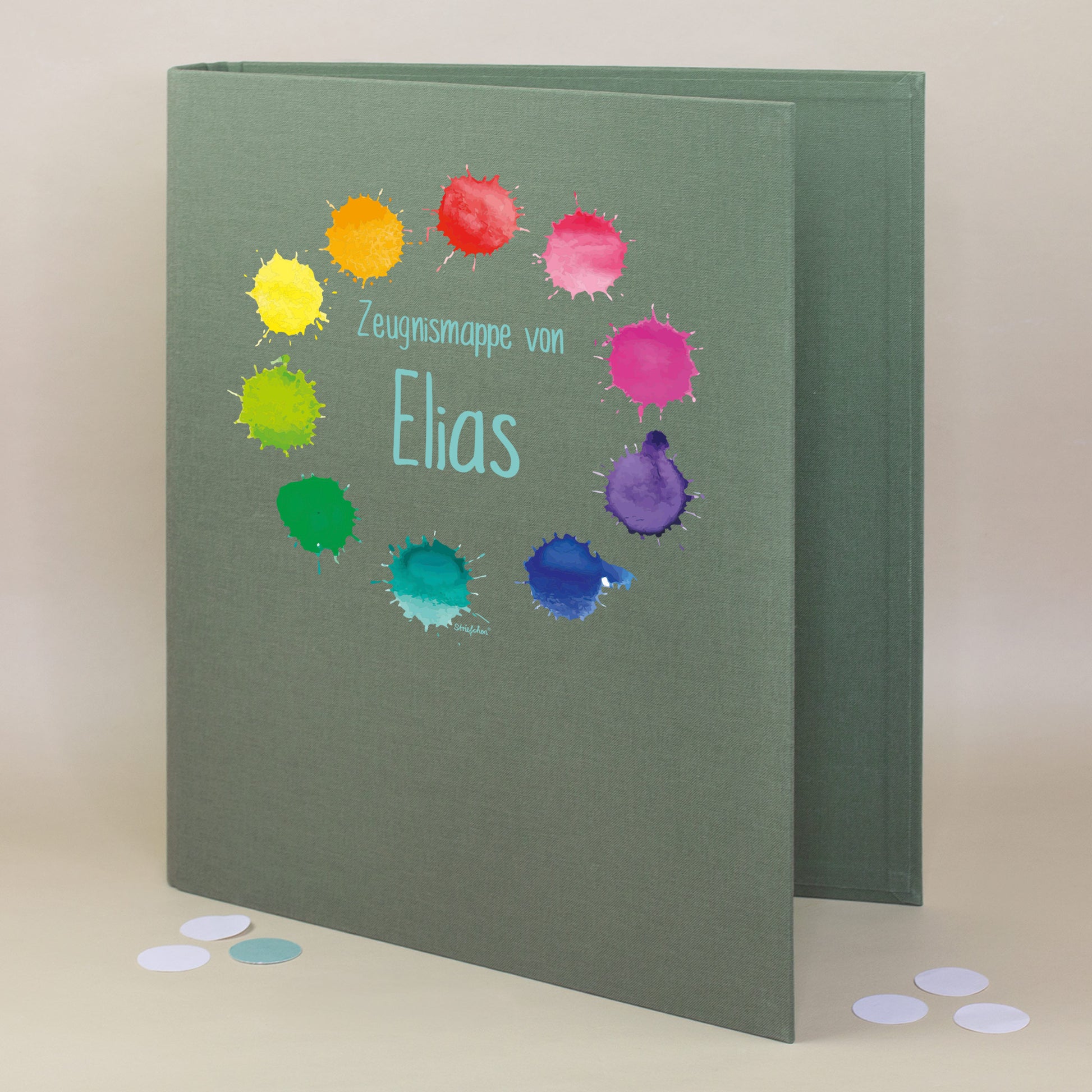 Zeugnismappe aus Leinen in Grün mit buntem Farbklekse-Motiv und Name Elias bedruckt