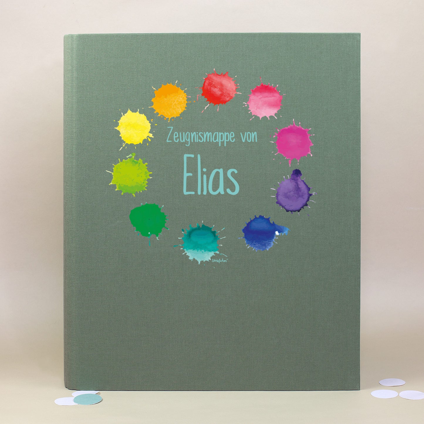 Zeugnismappe aus Leinen in Grün mit buntem Farbkleckse-Motiv und Name Elias bedruckt