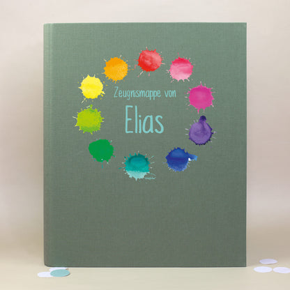 Zeugnismappe aus Leinen in Grün mit buntem Farbkleckse-Motiv und Name Elias bedruckt