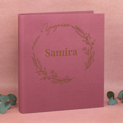 Zeugnismappe rosa/pink mit floralen Elementen „meine Zeugnisse“ und Name Samira