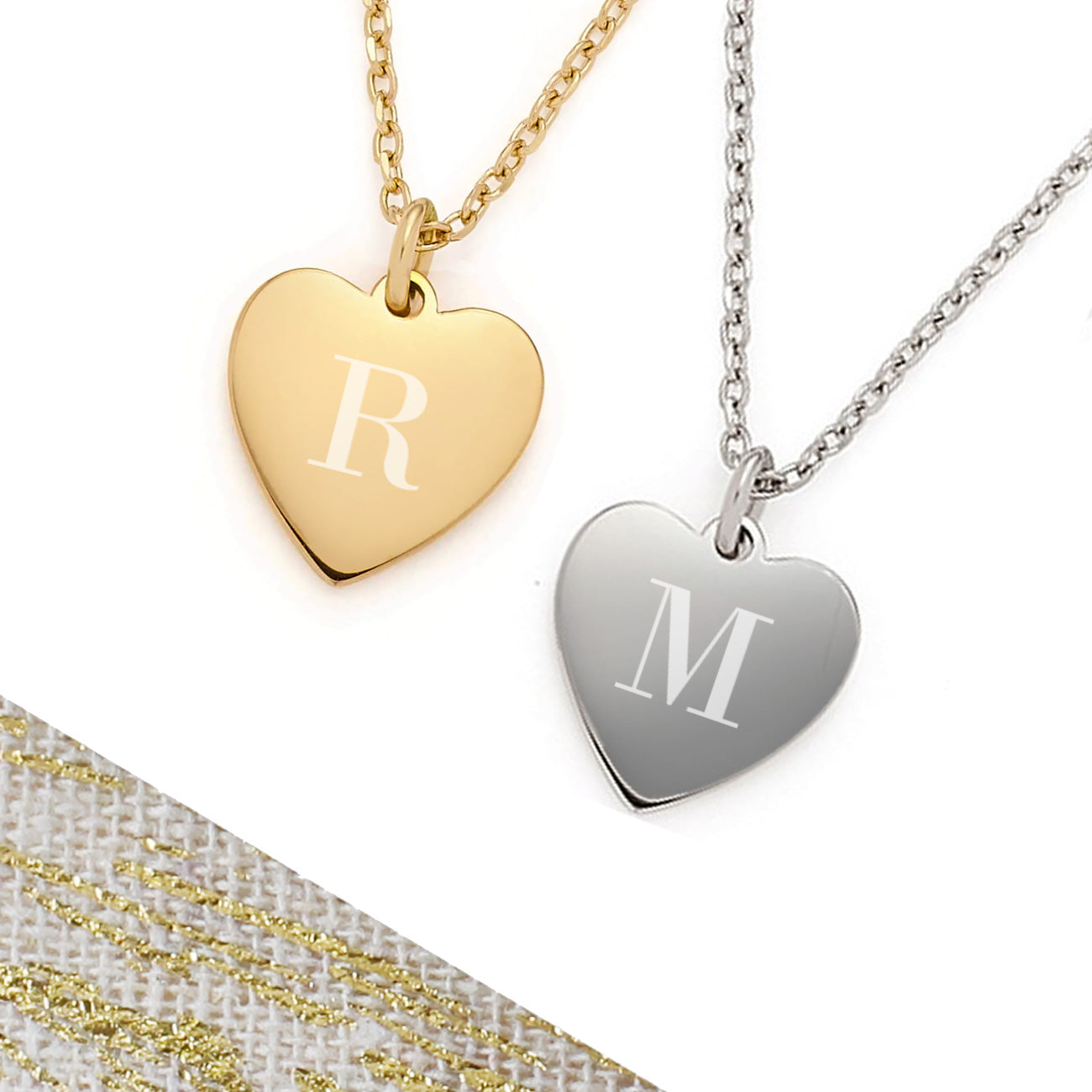 Beide Ketten mit Herz Anhänger & Gravur einer Initiale in Silber & Gold