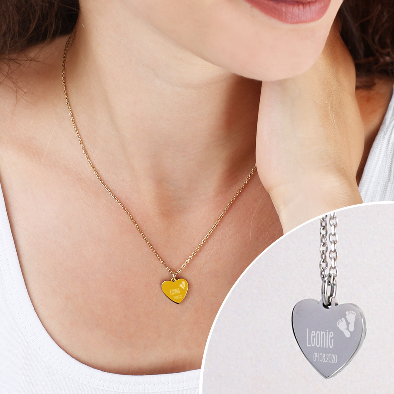Leonardo Herzkette zur Geburt mit Name und Datum des Babys graviert in Gold oder Silber
