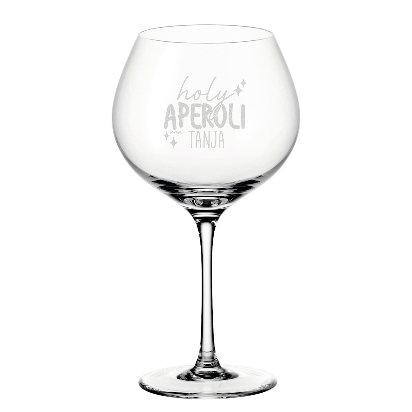 Freigestelltes Leonardo Weinglas mit Gravur „holy aperoli von Tanja“, klassisches Glas mit runder Form, ideal für Aperitif-Getränke und Cocktails.