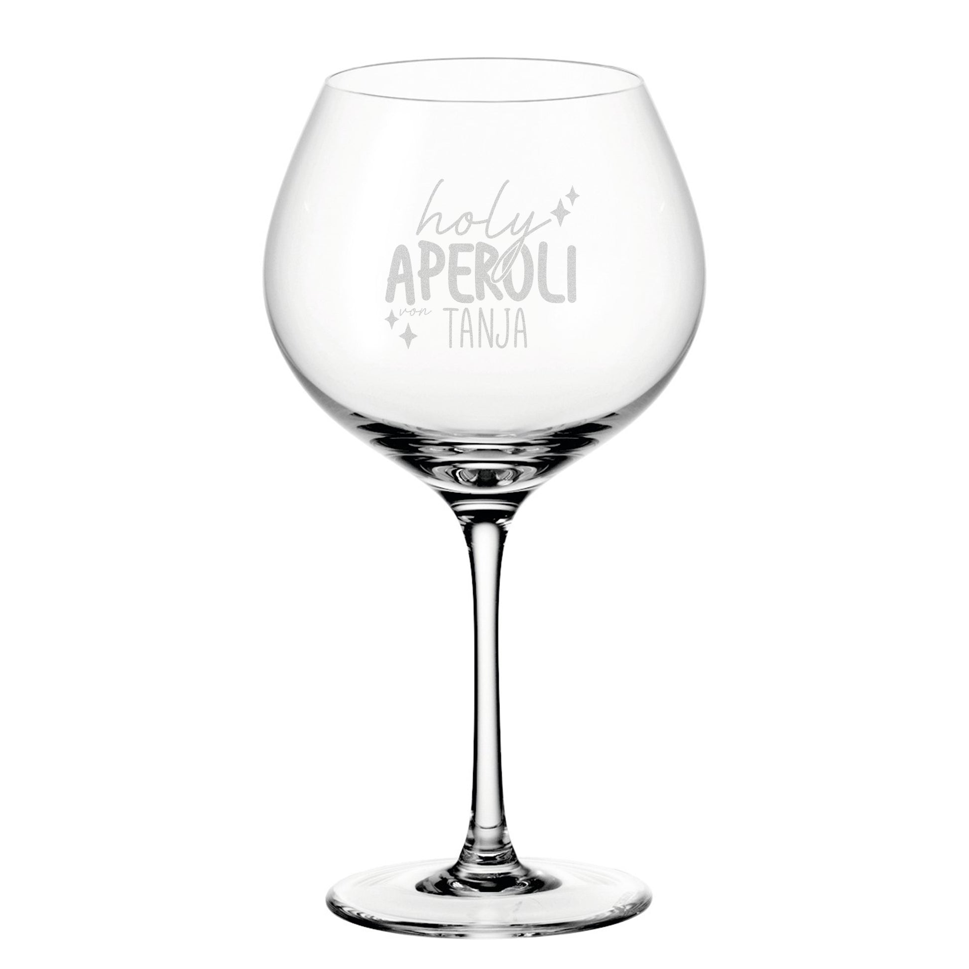 Freigestelltes Leonardo Weinglas mit Gravur „holy aperoli von Tanja“, klassisches Glas mit runder Form, ideal für Aperitif-Getränke und Cocktails.