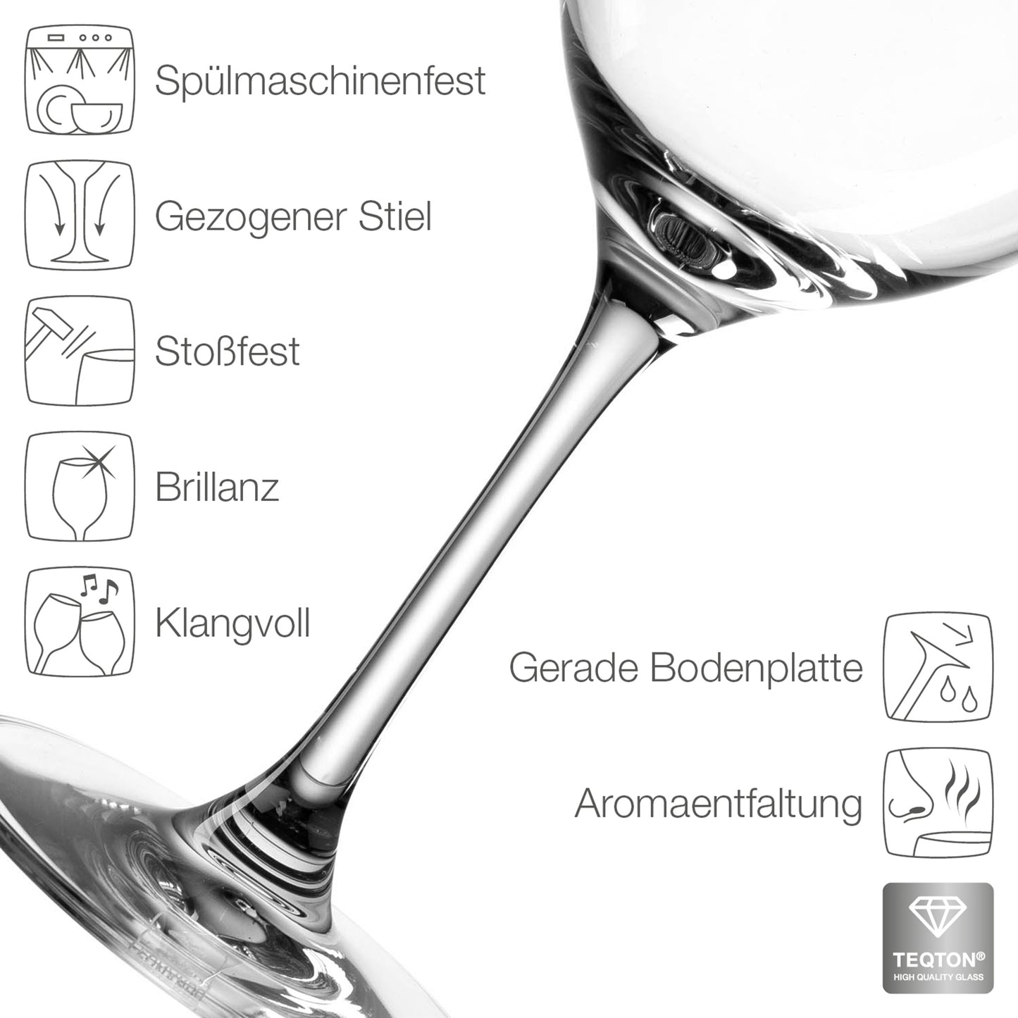Detailansicht des Leonardo Weinglases mit Eigenschaften wie spülmaschinenfest, stoßfest, Brillanz und TEQTON-Glas